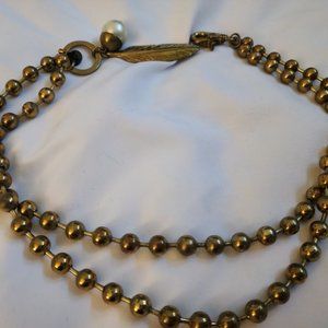 MOON C PARIS DUAL STRAND GOLD BEAD NECKLACE WITH LEAF AND PEARL CHARMS